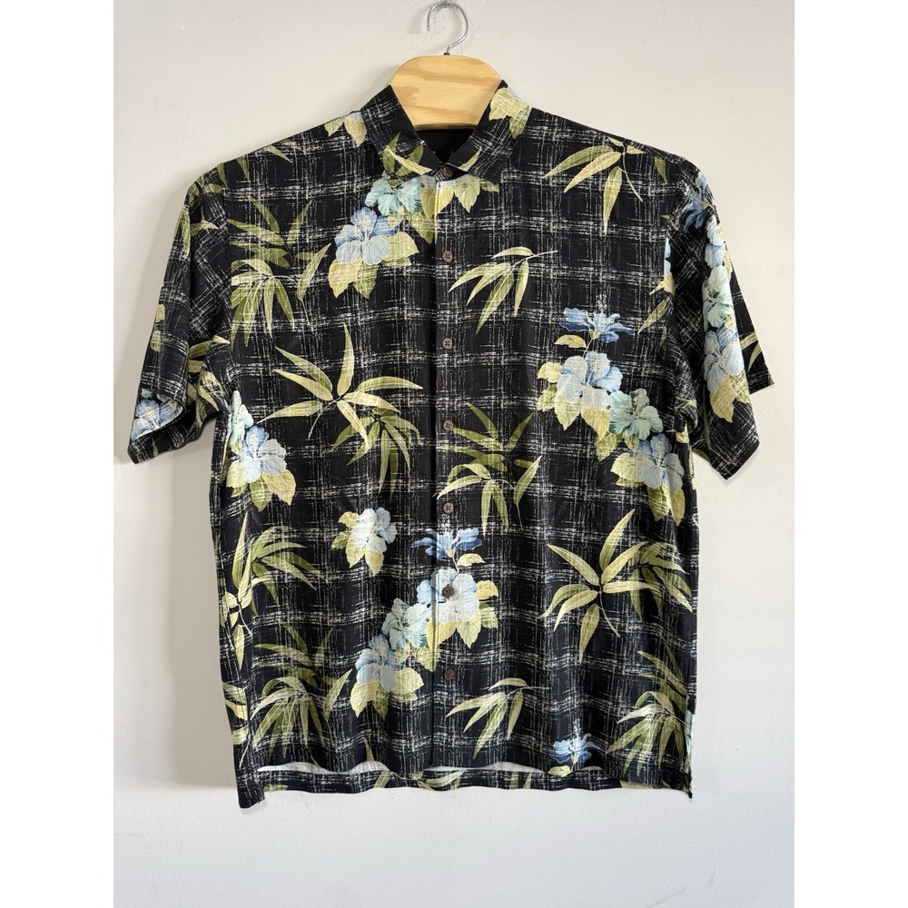 Tommy Bahama Mens XL Shirt Blue Green Floral on Black 100% Silk